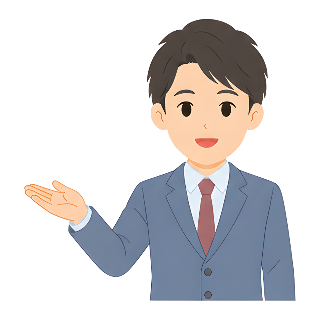 先生Aのスーツ姿の上半身（左を案内する）イラスト