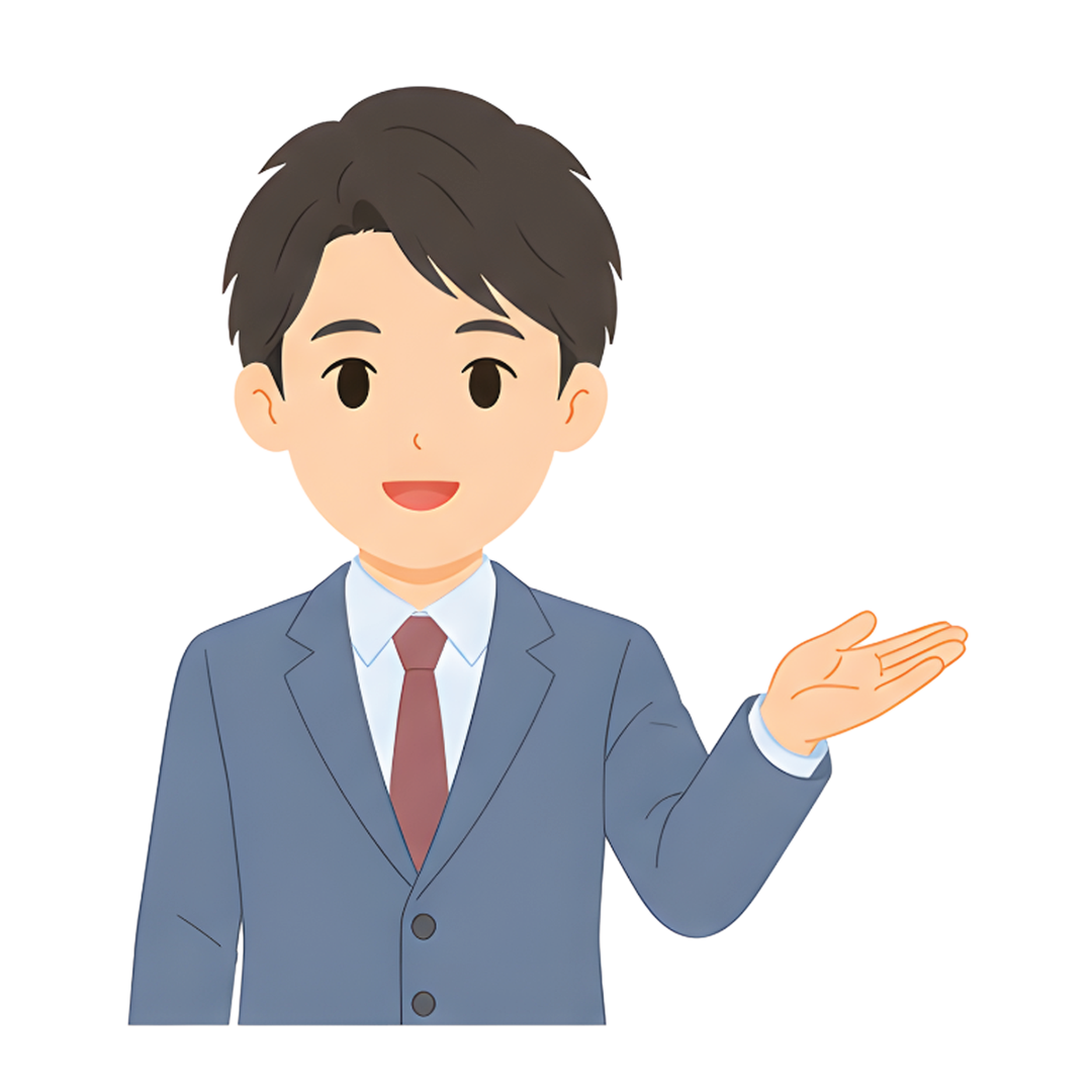 先生Aのスーツ姿の上半身（右を案内する）イラスト