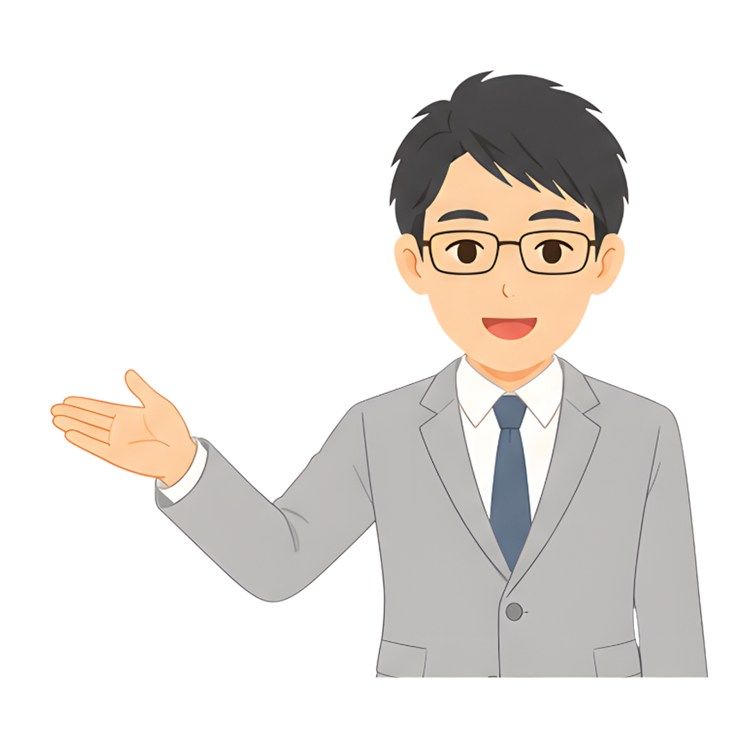 先生Cのスーツ姿の上半身（左を案内する）イラスト