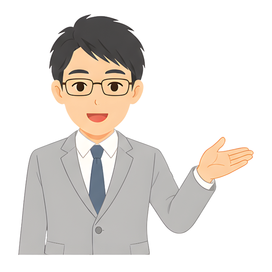 先生Cのスーツ姿の上半身（右を案内する）イラスト