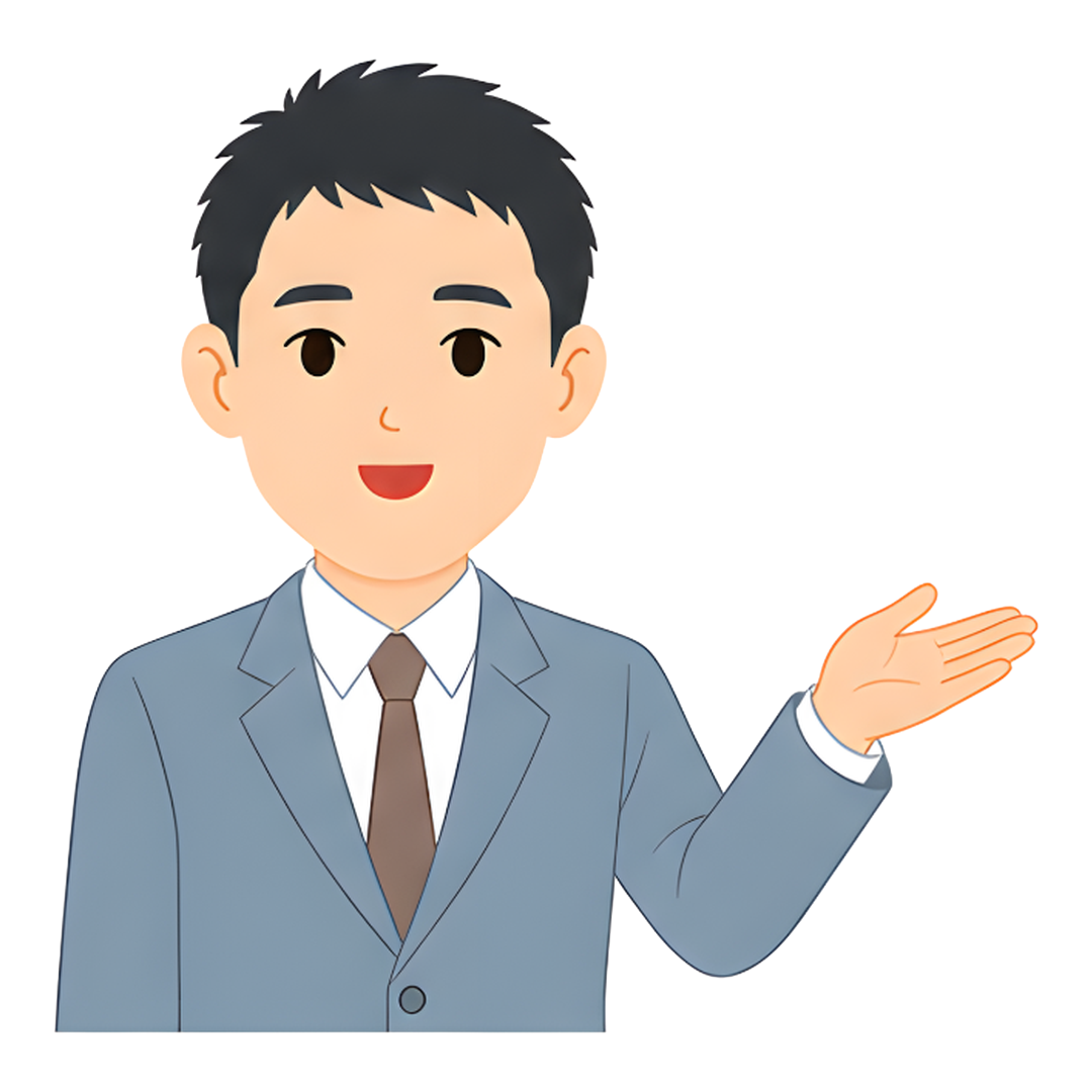 先生Eのスーツ姿の上半身（右を案内する）イラスト