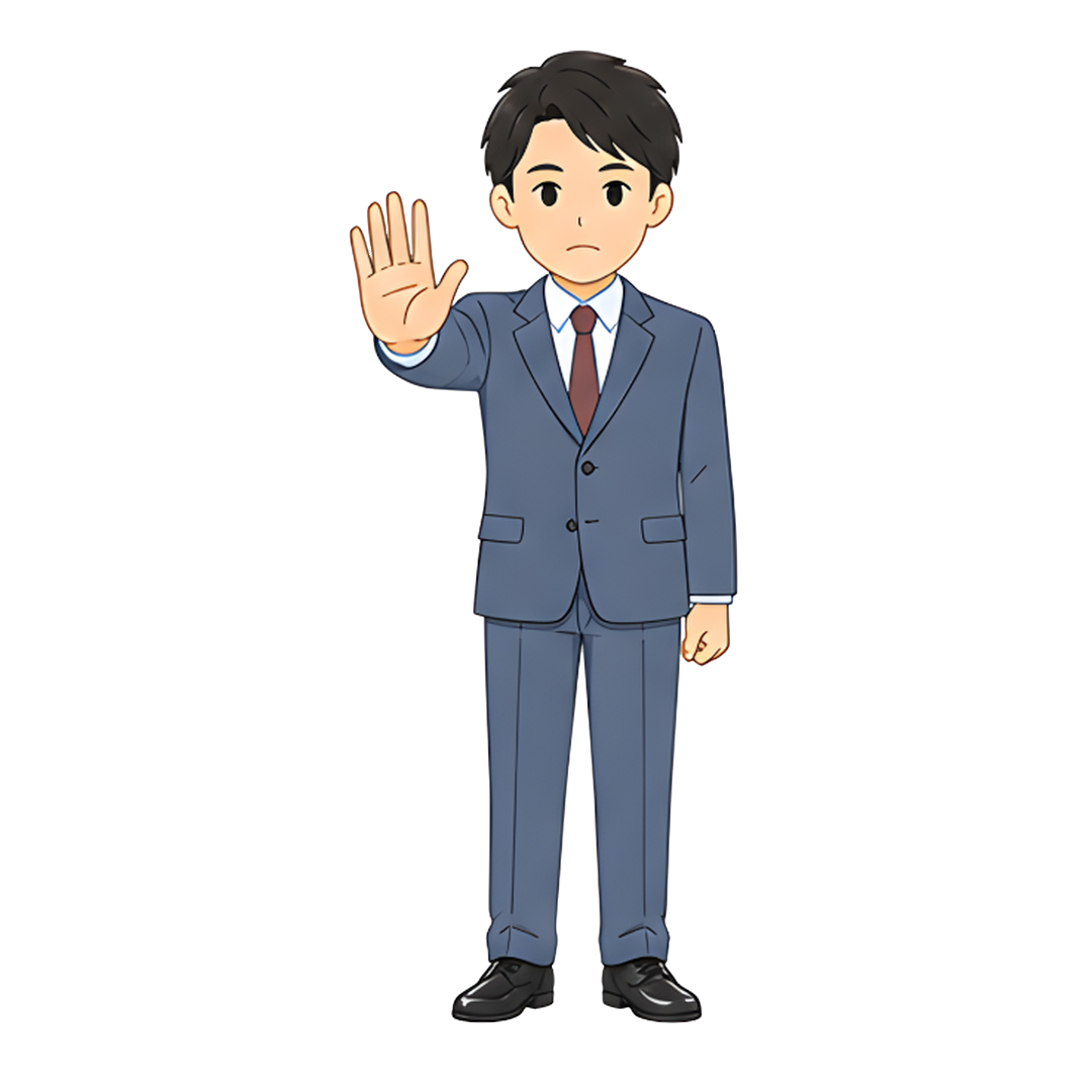 先生Aのスーツ姿の全身（注意を促す）イラスト
