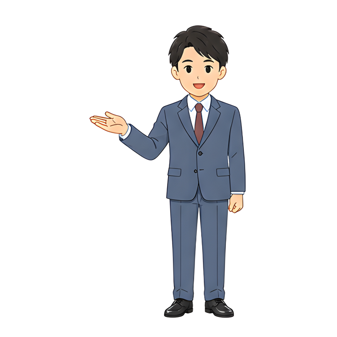 先生Aのスーツ姿の全身（左を案内する）イラスト