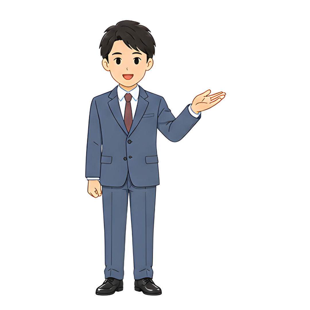 先生Aのスーツ姿の全身（右を案内する）イラスト