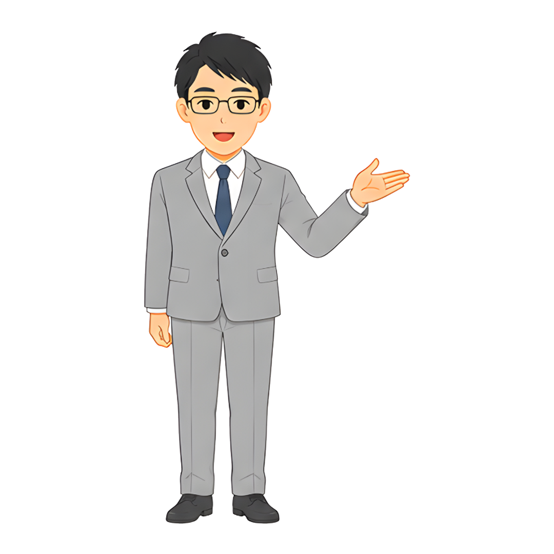 先生Cのスーツ姿の全身（右を案内する）イラスト