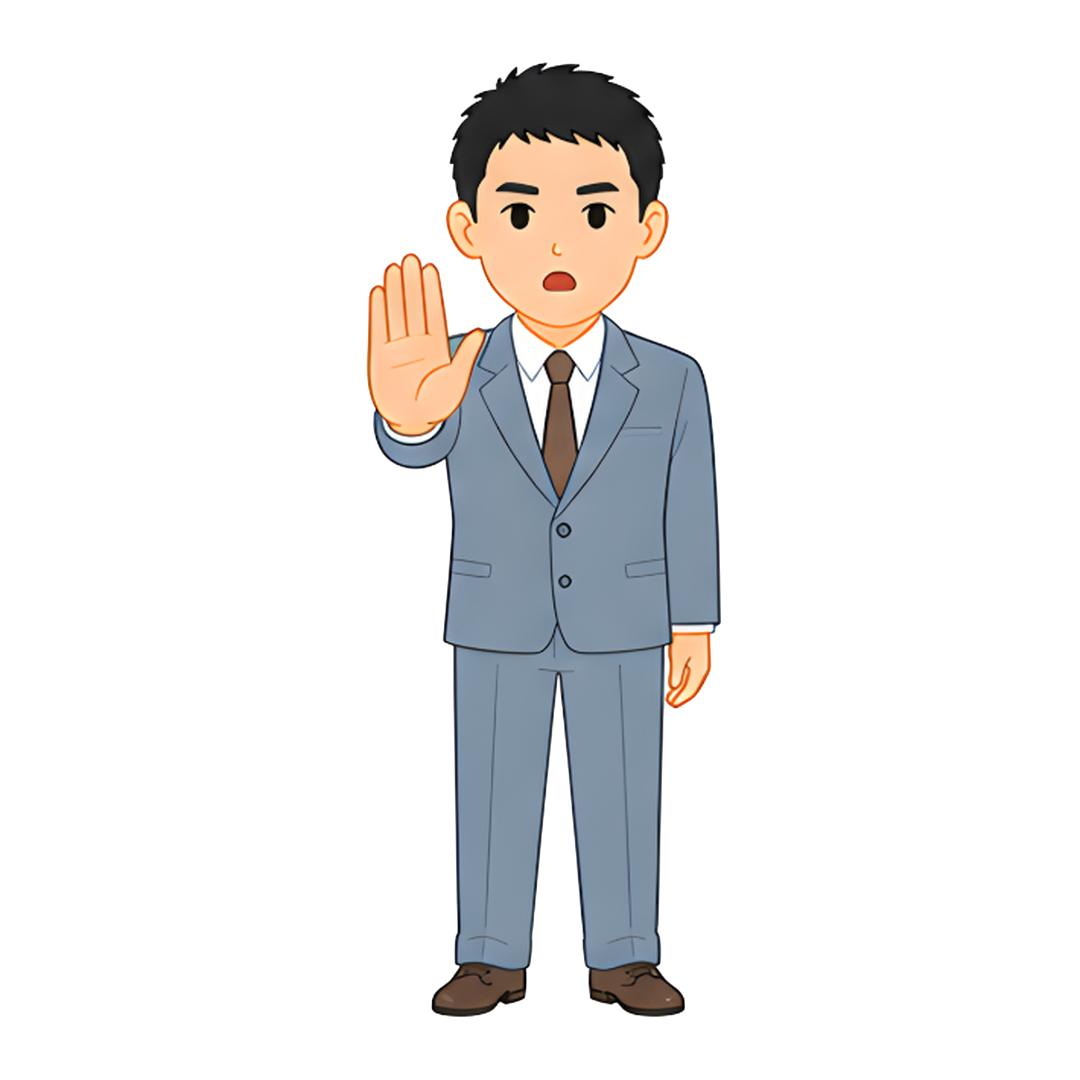 先生Eのスーツ姿の全身（注意を促す）イラスト