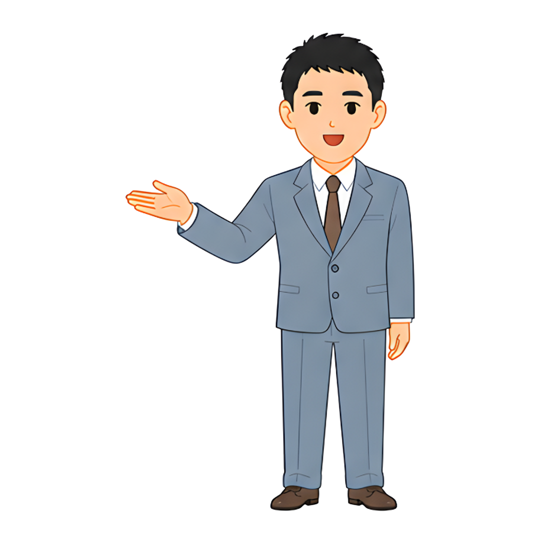 先生Eのスーツ姿の全身（左を案内する）イラスト