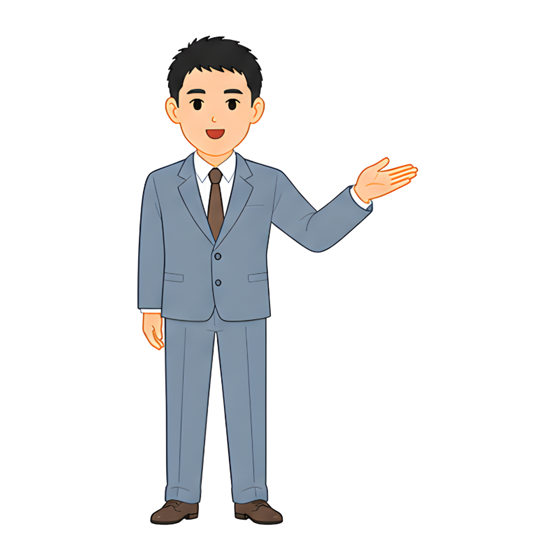 先生Eのスーツ姿の全身（右を案内する）イラスト
